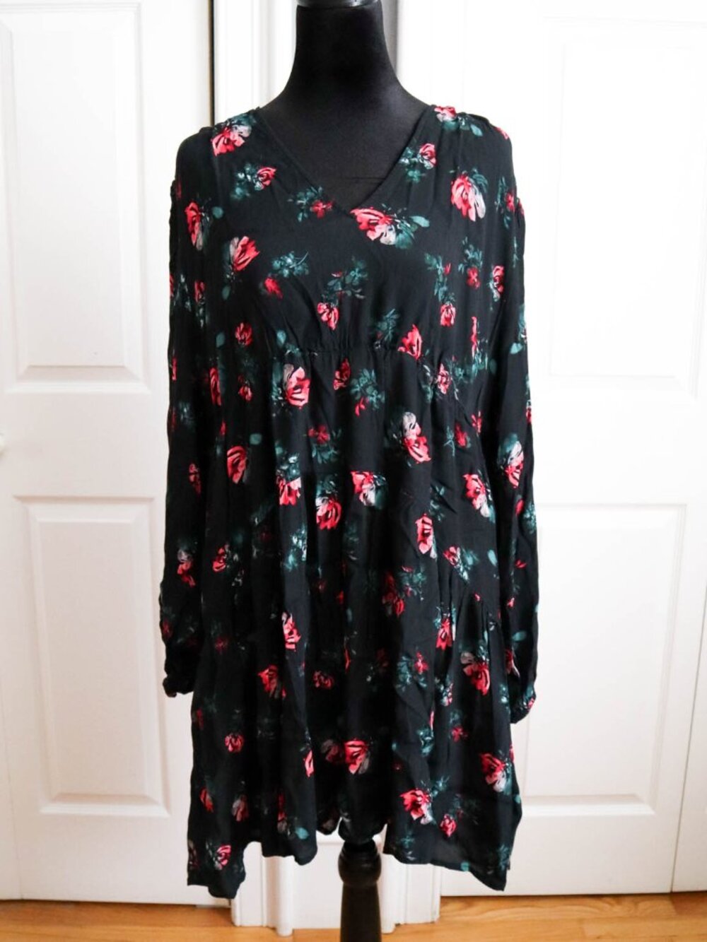 A New Day Floral Mini Dress Ruffle Hem Balloon Sleeves Pink & Black Sz XXL